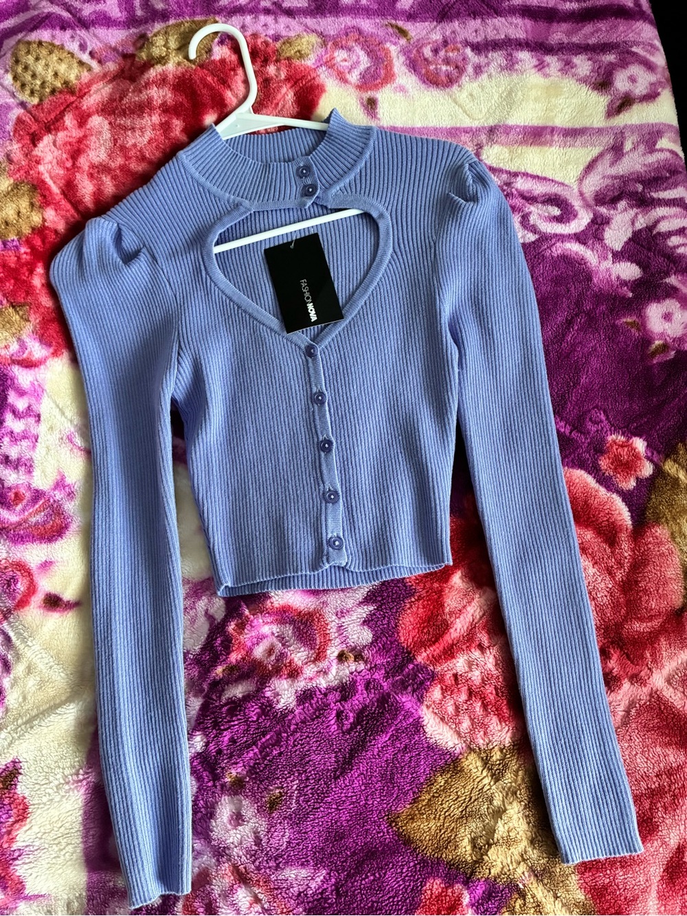 Fashion Nova Lavender Ribbed Button-Front Long Sleeve Top